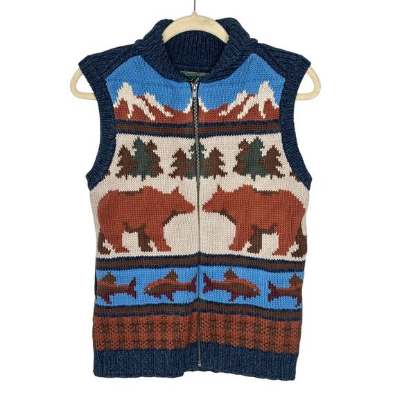 Woolrich Blue Brown Mountain Fish Bear Print Sweater Winter Outdoors S - Picture 1 of 7